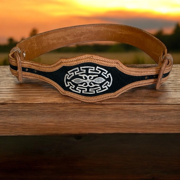 Double Buckle Hand Tooled Leather Belt New Without Tags - Picture 1 of 11